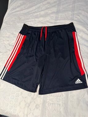 adidas Men's Navy Athletic Shorts with Red Trim and White Stripes size XL